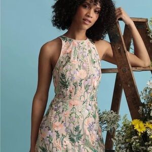 Maggy London Garden Embroidered Mesh Halter Midi Dress